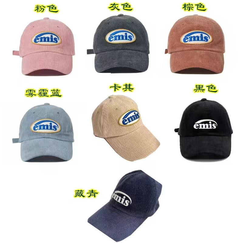 South Korea Emis Hat Hot Bar With Men's And Women's Baseball Cap Summer Sunscreen Duck Tongue Hat Big Head Corduroy Foreign Trade